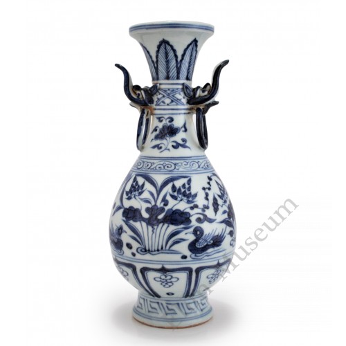 1404 A Yuan b&w double handles yuhuchun vase